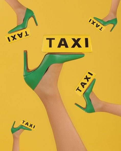 Five feet of women models wearing green heels displayed on a yellow background