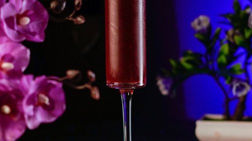 Red cocktail in champagne glass around colorful flowerful background