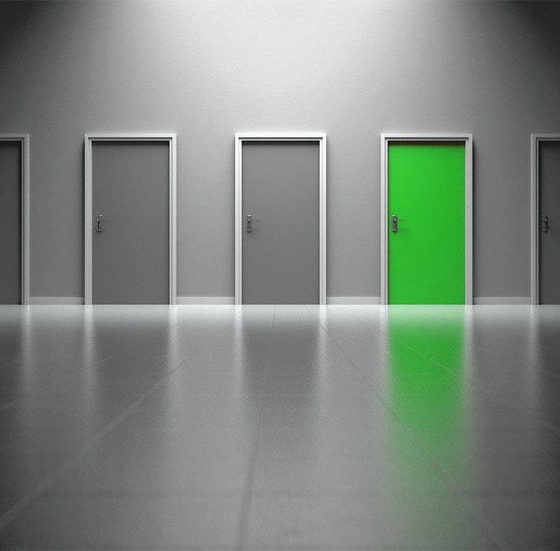 Five Different Doors with Right One Colored Green
